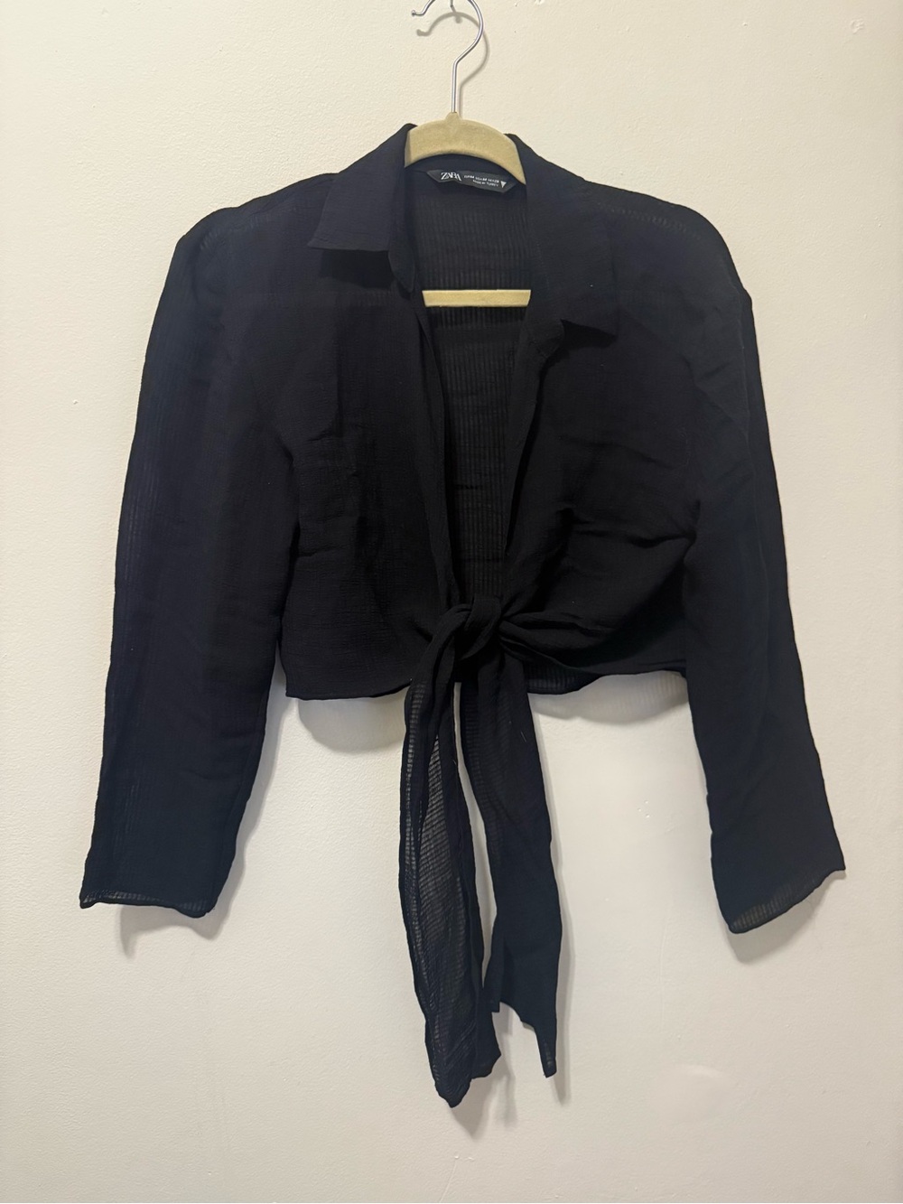 Zara Black Sheer Tie-Front Cropped Button-Down